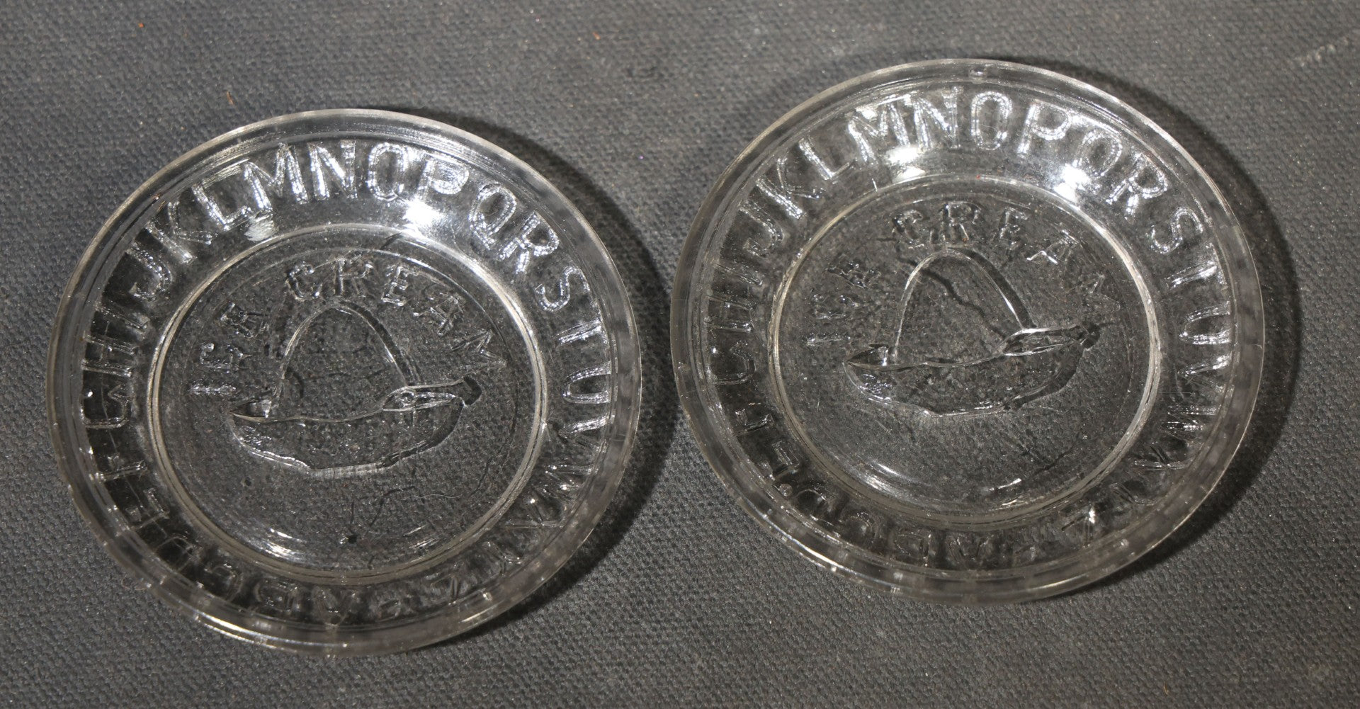 Pair of Vintage Pressed Glass ABC Alphabet Plates with Central Ice Cream Dish Motif