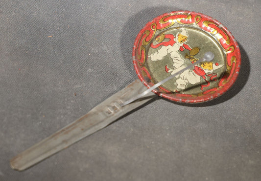 Vintage Tin Lithograph Clapper Noisemaker with Clown Graphics, Red and Gold Serpentine Border