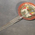 Lot 092 - Vintage Tin Lithograph Clapper Noisemaker with Clown Graphics, Red and Gold Serpentine Border, 6-5/8" L