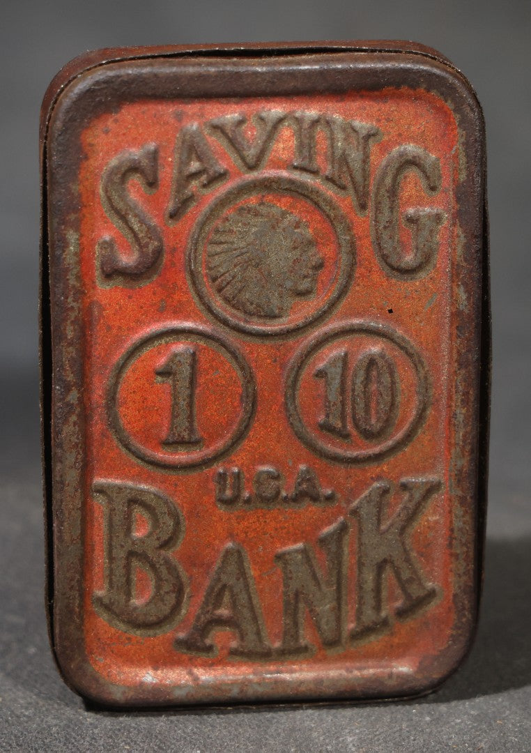 Antique Pressed Tin "Saving Bank" Still Bank with Indian Head Penny, "1," and "10" Coin Graphics, Marked U.S.A.