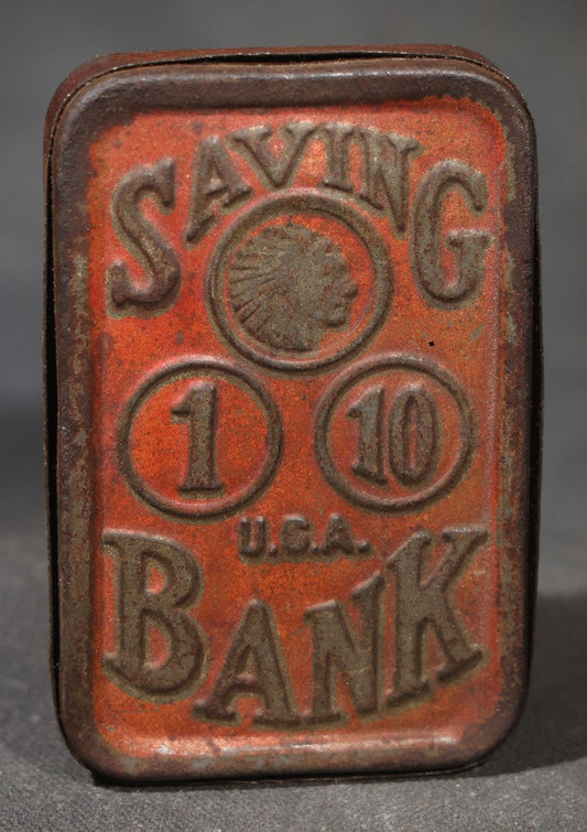 Antique Pressed Tin "Saving Bank" Still Bank with Indian Head Penny, "1," and "10" Coin Graphics, Marked U.S.A.