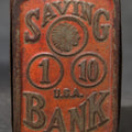 Lot 093 - Antique Pressed Tin "Saving Bank" Still Bank with Indian Head Penny, "1," And "10" Coin Graphics, Marked U.S.A., 3-1/4" H