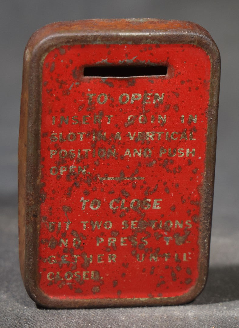 Antique Pressed Tin "Saving Bank" Still Bank with Indian Head Penny, "1," and "10" Coin Graphics, Marked U.S.A.