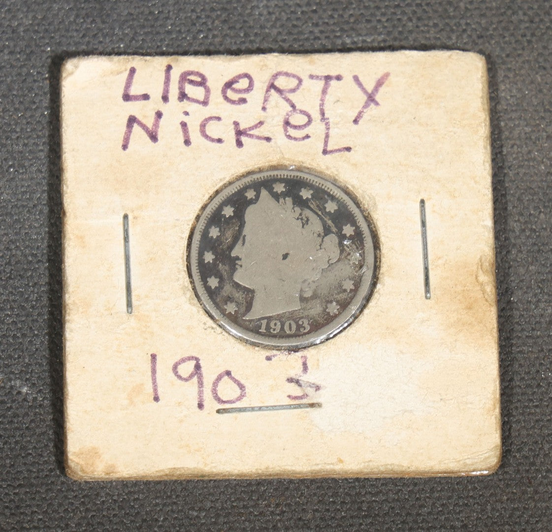 Grouping of Five Antique Items including Four Skeleton Keys and a 1903 Liberty Head V Nickel in Cardboard Coin Holder
