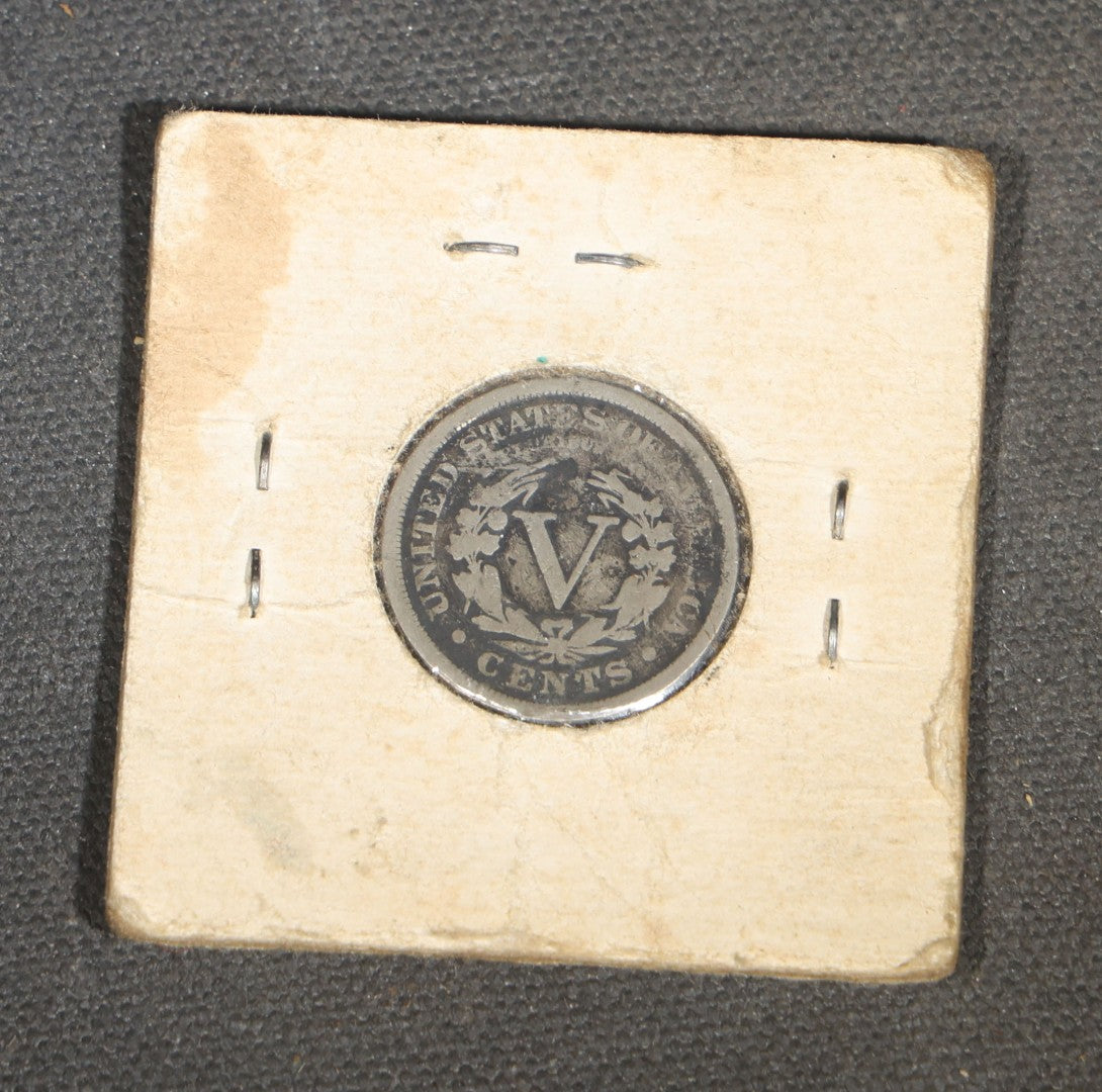 Grouping of Five Antique Items including Four Skeleton Keys and a 1903 Liberty Head V Nickel in Cardboard Coin Holder