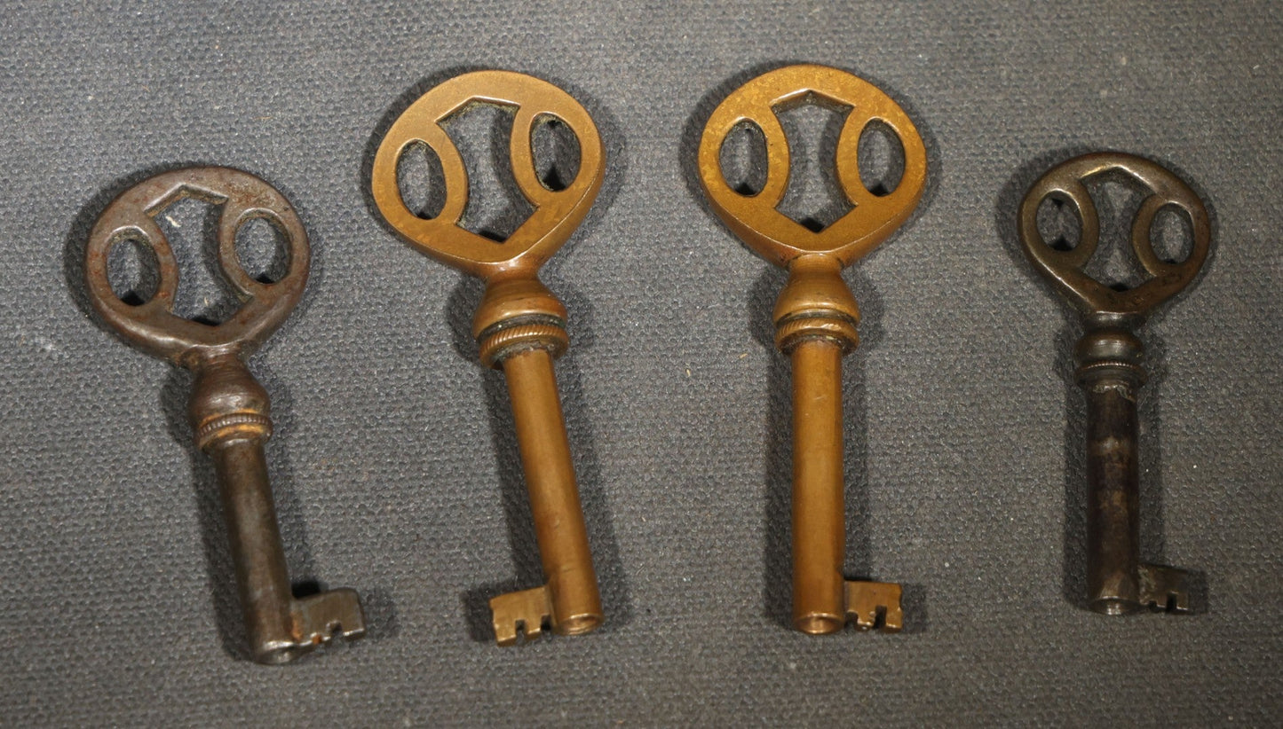 Grouping of Five Antique Items including Four Skeleton Keys and a 1903 Liberty Head V Nickel in Cardboard Coin Holder