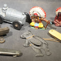 Lot 098 - Grouping of Seven Vintage Smalls Including Cast Metal Sailing Ship Door Knocker, Toy Race Car with Driver, Two Painted Native American Chief Figures, Two Pocket Knives, and Bear Bookmark