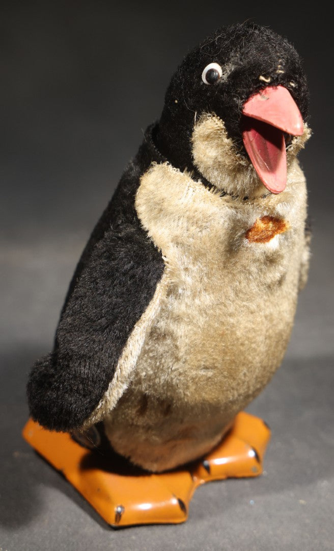 Vintage Wind-Up Plush Penguin Toy with Tin Feet and Beak, Manufactured by Modern Toys, Made in Japan, Not Tested / Not Working