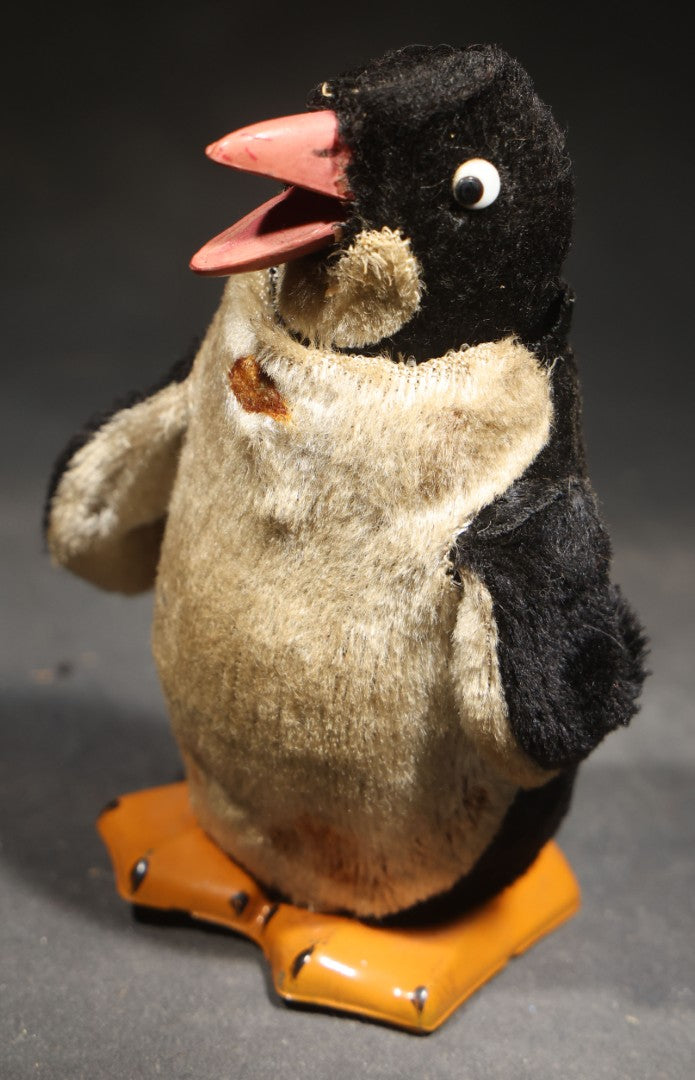Vintage Wind-Up Plush Penguin Toy with Tin Feet and Beak, Manufactured by Modern Toys, Made in Japan, Not Tested / Not Working