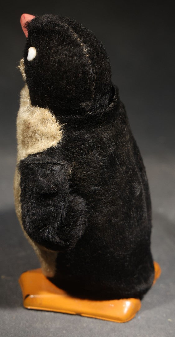 Vintage Wind-Up Plush Penguin Toy with Tin Feet and Beak, Manufactured by Modern Toys, Made in Japan, Not Tested / Not Working
