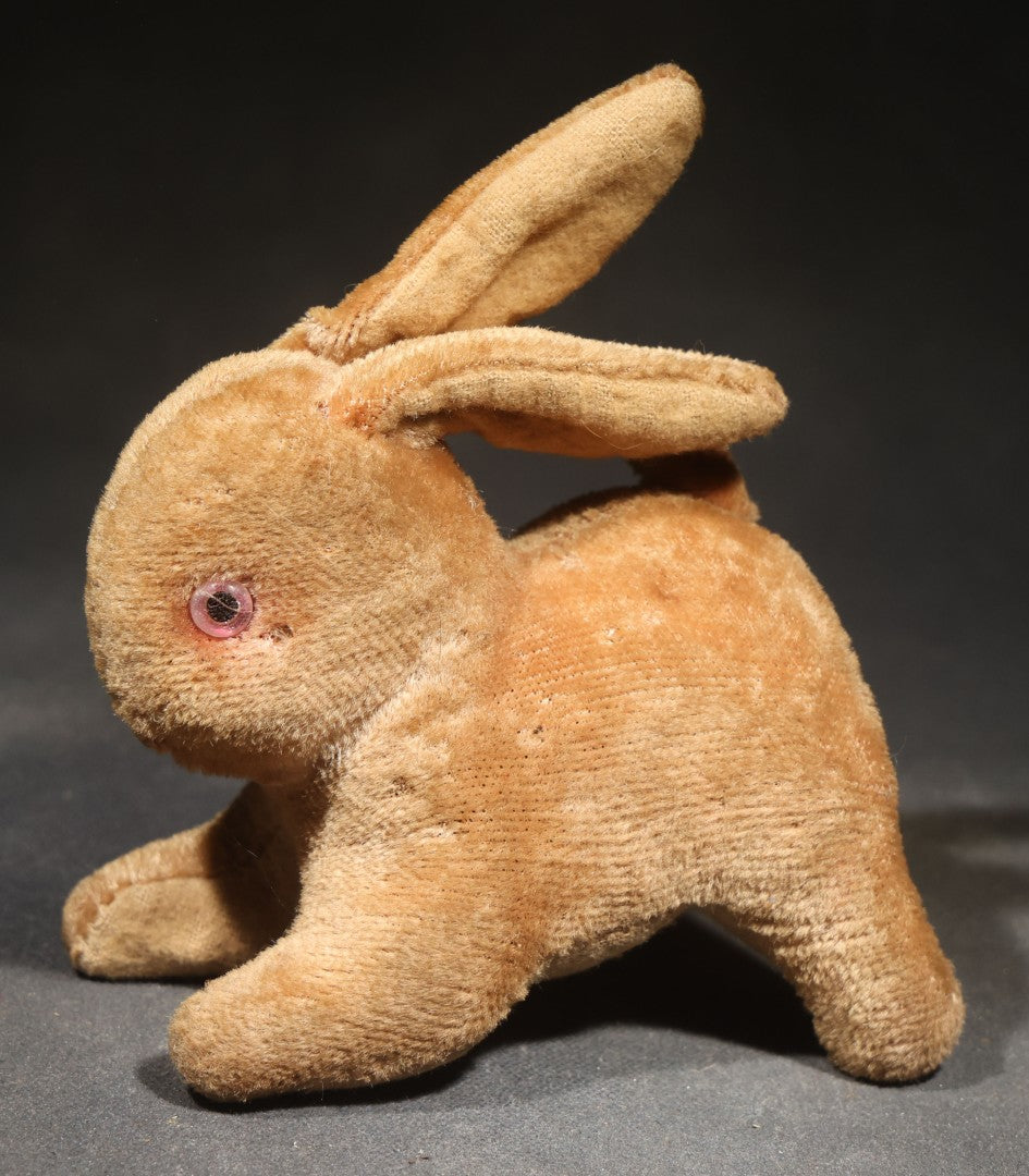 Vintage Stuffed Rabbit Toy with Glass Eyes and Cotton Tail in Crouching Pose