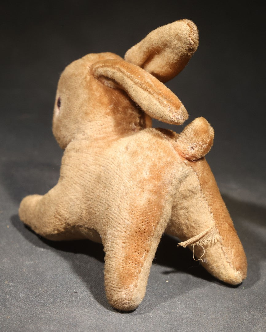 Vintage Stuffed Rabbit Toy with Glass Eyes and Cotton Tail in Crouching Pose
