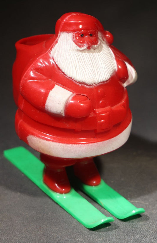 Vintage Plastic Christmas Santa Claus on Skis Candy Container, Circa 1950s, Manufactured by Rosbro Plastics, Pawtucket, Rhode Island