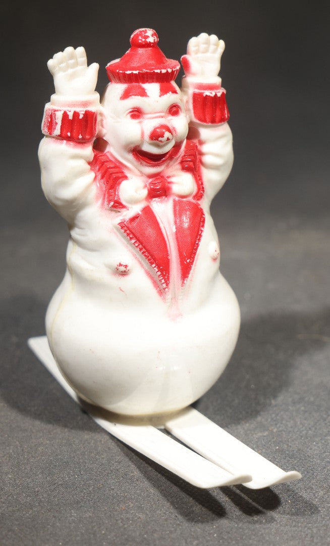 Vintage Hard Plastic Snowman on Skis Christmas Candy Container, White with Red Painted Details, Circa 1950s
