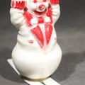 Lot 103 - Vintage Hard Plastic Snowman on Skis Christmas Candy Container, White with Red Painted Details, Circa 1950s, 3-1/4" H