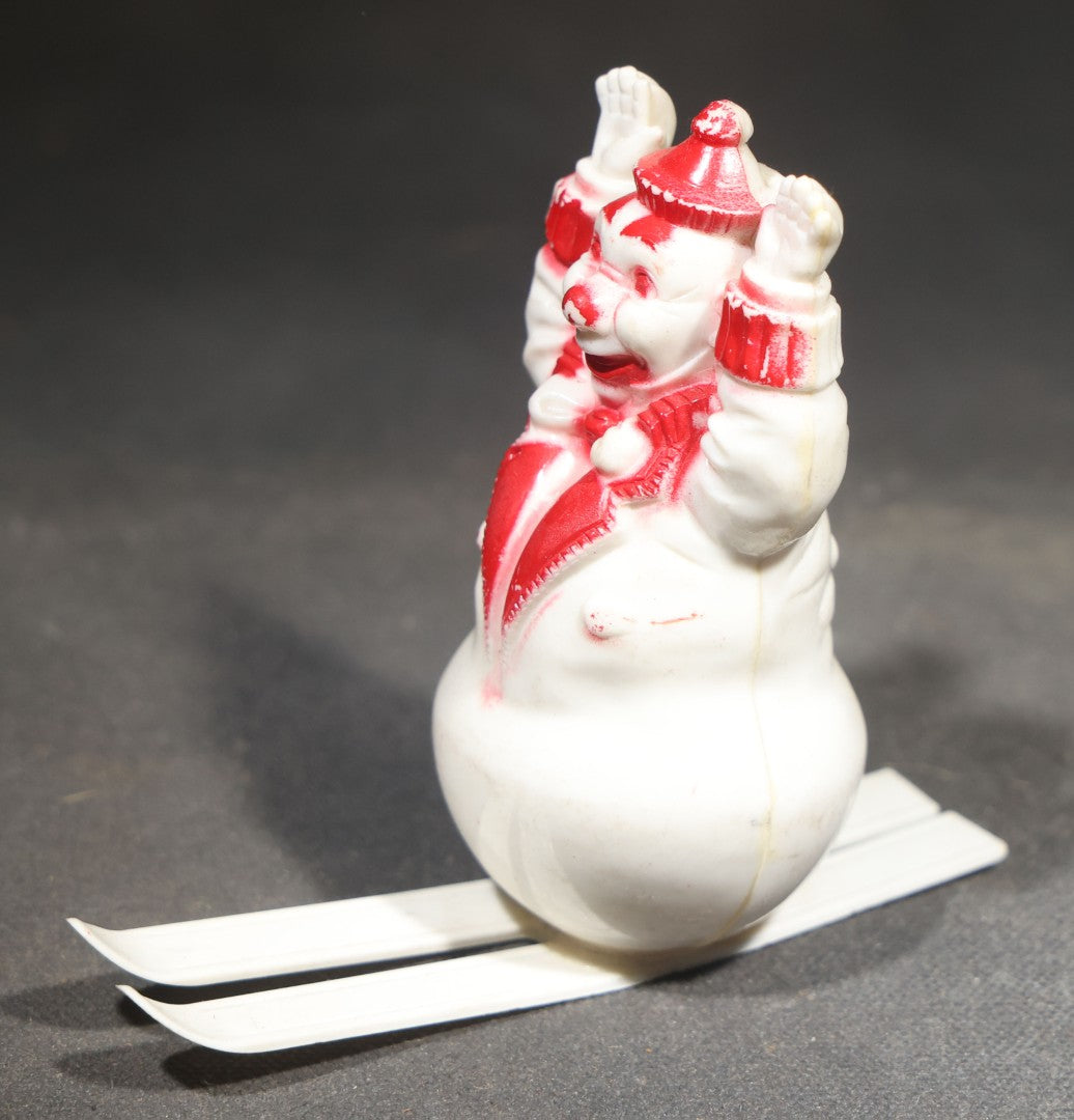 Vintage Hard Plastic Snowman on Skis Christmas Candy Container, White with Red Painted Details, Circa 1950s