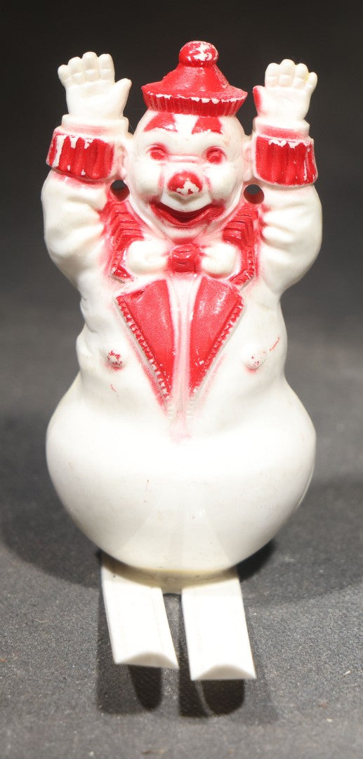Vintage Hard Plastic Snowman on Skis Christmas Candy Container, White with Red Painted Details, Circa 1950s