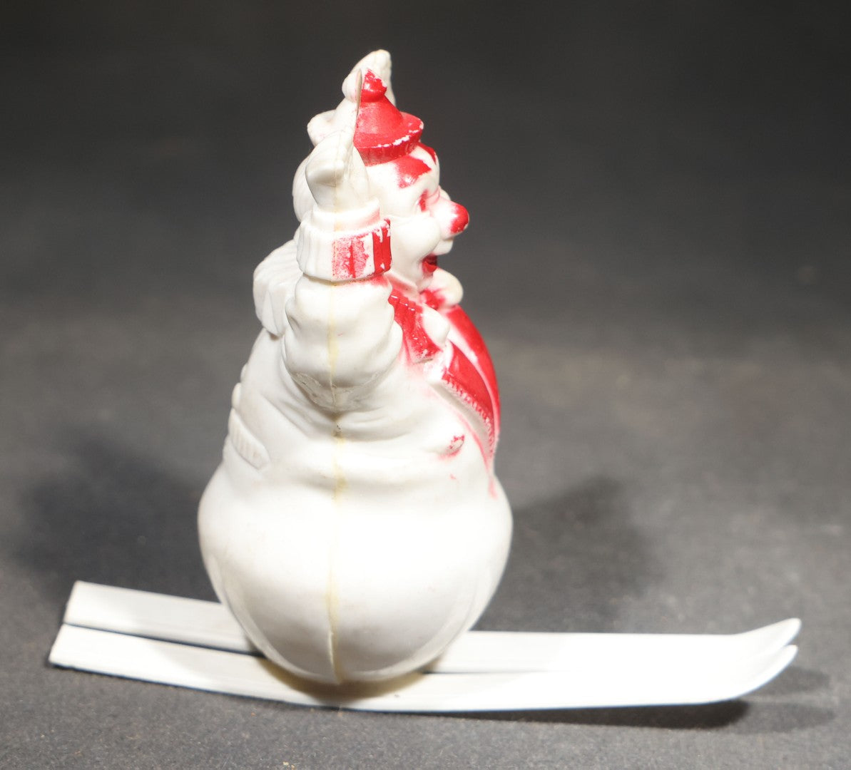 Vintage Hard Plastic Snowman on Skis Christmas Candy Container, White with Red Painted Details, Circa 1950s