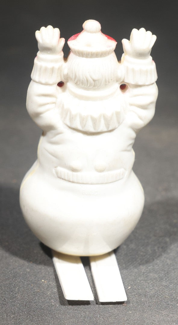Vintage Hard Plastic Snowman on Skis Christmas Candy Container, White with Red Painted Details, Circa 1950s