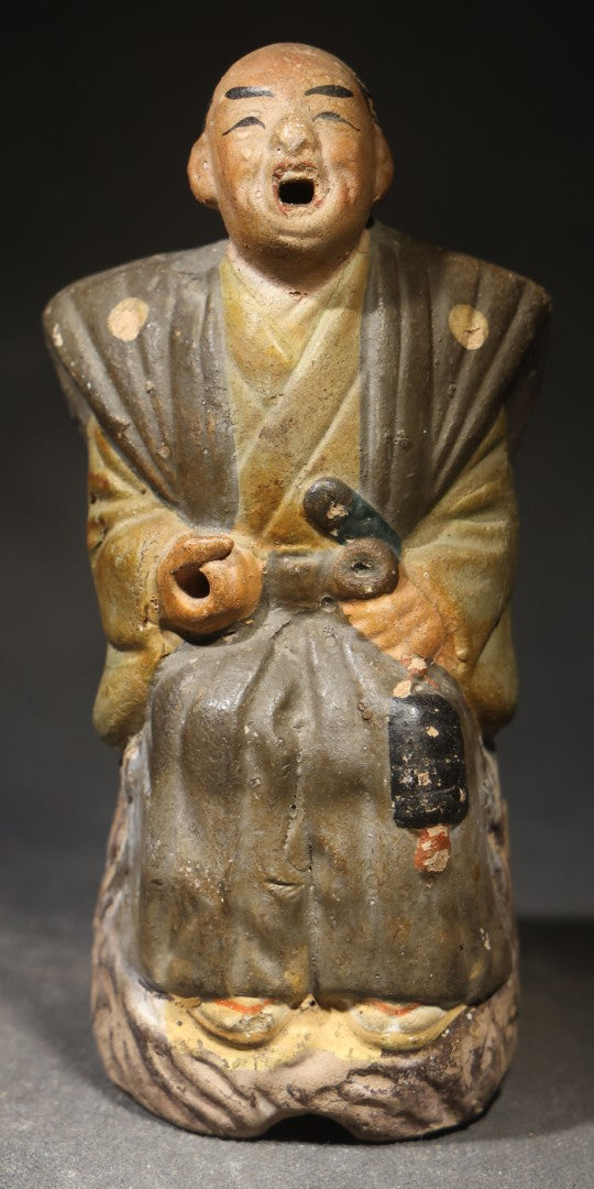 Antique Japanese Clay Figural Incense Burner (Koro), Seated Man in Kimono with Open Mouth, Polychrome Painted