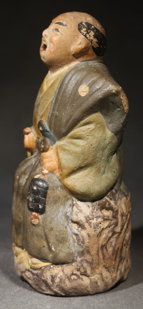 Antique Japanese Clay Figural Incense Burner (Koro), Seated Man in Kimono with Open Mouth, Polychrome Painted
