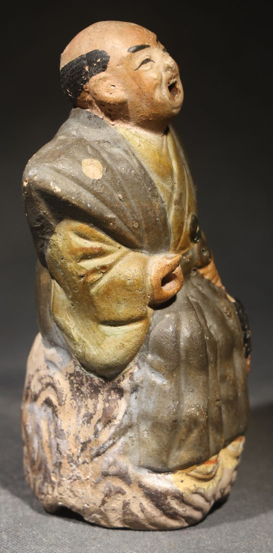 Antique Japanese Clay Figural Incense Burner (Koro), Seated Man in Kimono with Open Mouth, Polychrome Painted