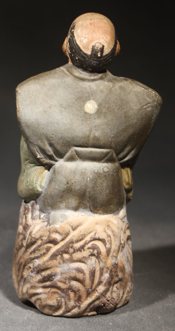Antique Japanese Clay Figural Incense Burner (Koro), Seated Man in Kimono with Open Mouth, Polychrome Painted