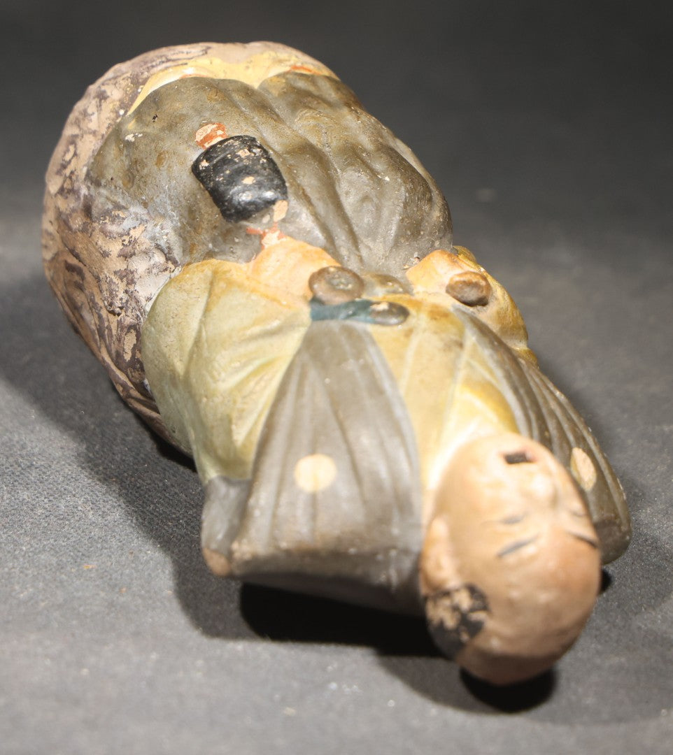 Antique Japanese Clay Figural Incense Burner (Koro), Seated Man in Kimono with Open Mouth, Polychrome Painted
