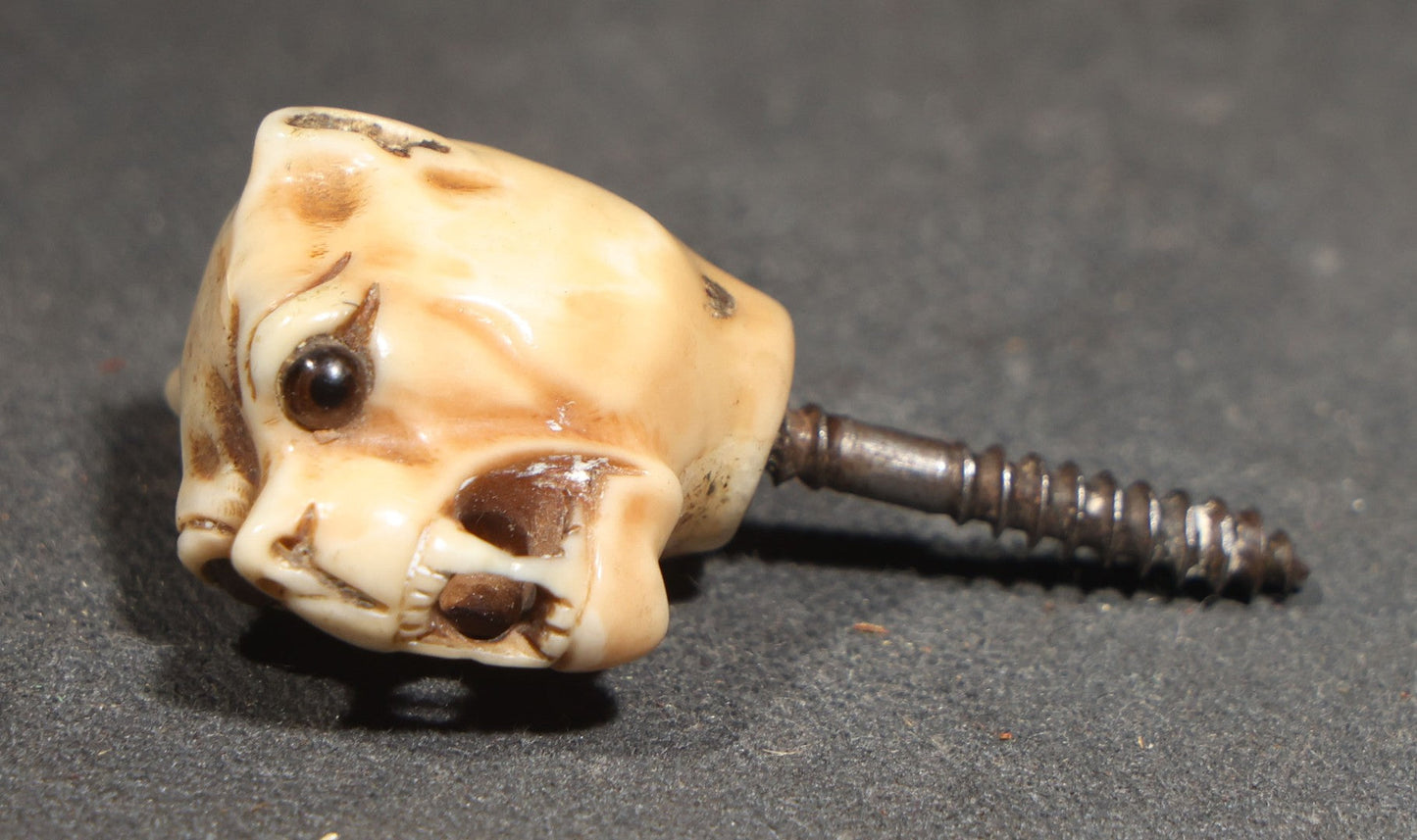 Antique Carved Bone Panther Head Cane or Swagger Stick Topper with Glass Eyes and Threaded Metal Shaft