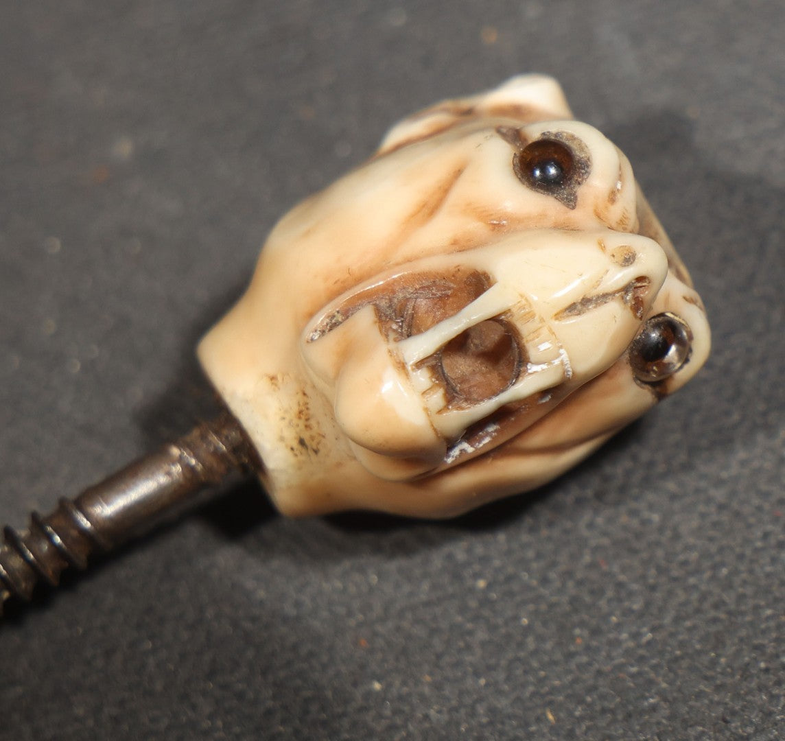 Antique Carved Bone Panther Head Cane or Swagger Stick Topper with Glass Eyes and Threaded Metal Shaft