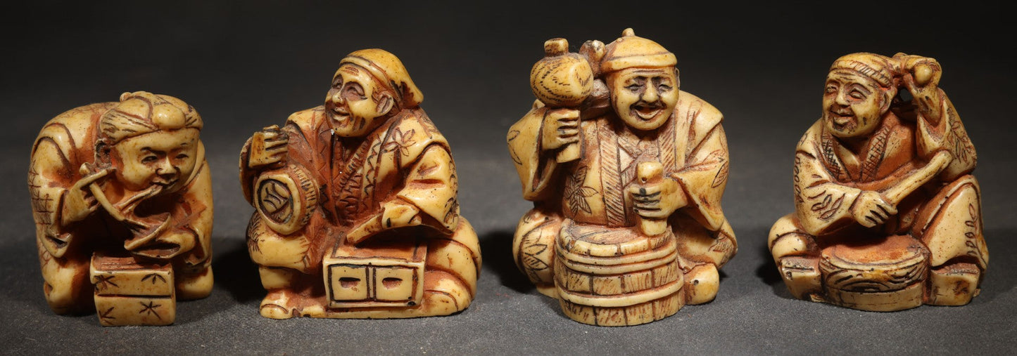Grouping of Four Vintage Cast Resin Netsuke-Style Figurines, Seated Japanese Figures with Pipe, Gourd, Drum, and Drawers