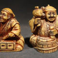 Lot 109 - Grouping of Four Vintage Cast Resin Netsuke-Style Figurines, Seated Japanese Figures with Pipe, Gourd, Drum, and Drawers