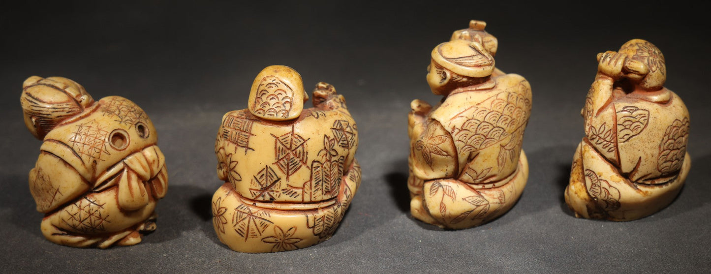 Grouping of Four Vintage Cast Resin Netsuke-Style Figurines, Seated Japanese Figures with Pipe, Gourd, Drum, and Drawers