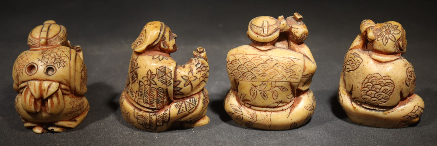 Grouping of Four Vintage Cast Resin Netsuke-Style Figurines, Seated Japanese Figures with Pipe, Gourd, Drum, and Drawers
