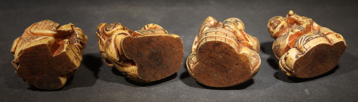 Grouping of Four Vintage Cast Resin Netsuke-Style Figurines, Seated Japanese Figures with Pipe, Gourd, Drum, and Drawers