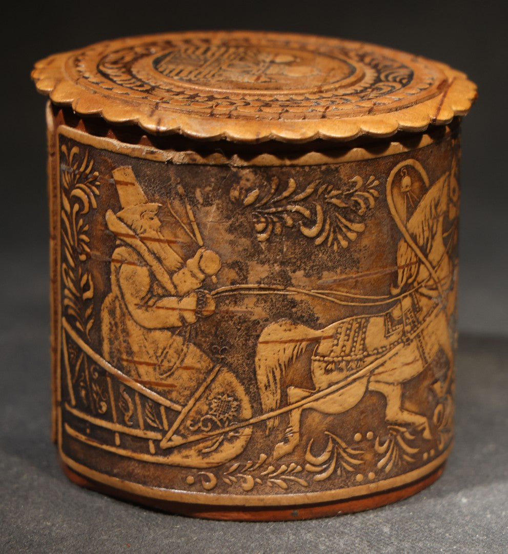 Vintage Russian Birch Bark Box with Carved Troika Sleigh Scene, Foliate Borders, and Orthodox Church Dome Medallions