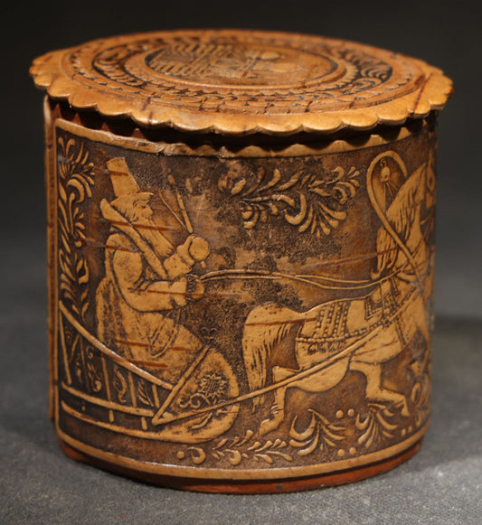 Vintage Russian Birch Bark Box with Carved Troika Sleigh Scene, Foliate Borders, and Orthodox Church Dome Medallions