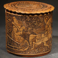 Lot 111 - Vintage Russian Birch Bark Box with Carved Troika Sleigh Scene, Foliate Borders, and Orthodox Church Dome Medallions, 2-3/4" H
