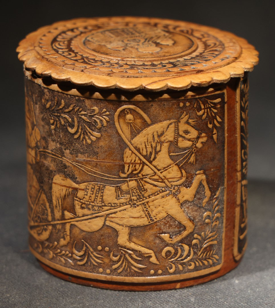 Vintage Russian Birch Bark Box with Carved Troika Sleigh Scene, Foliate Borders, and Orthodox Church Dome Medallions