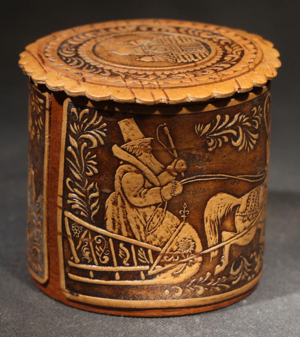 Vintage Russian Birch Bark Box with Carved Troika Sleigh Scene, Foliate Borders, and Orthodox Church Dome Medallions