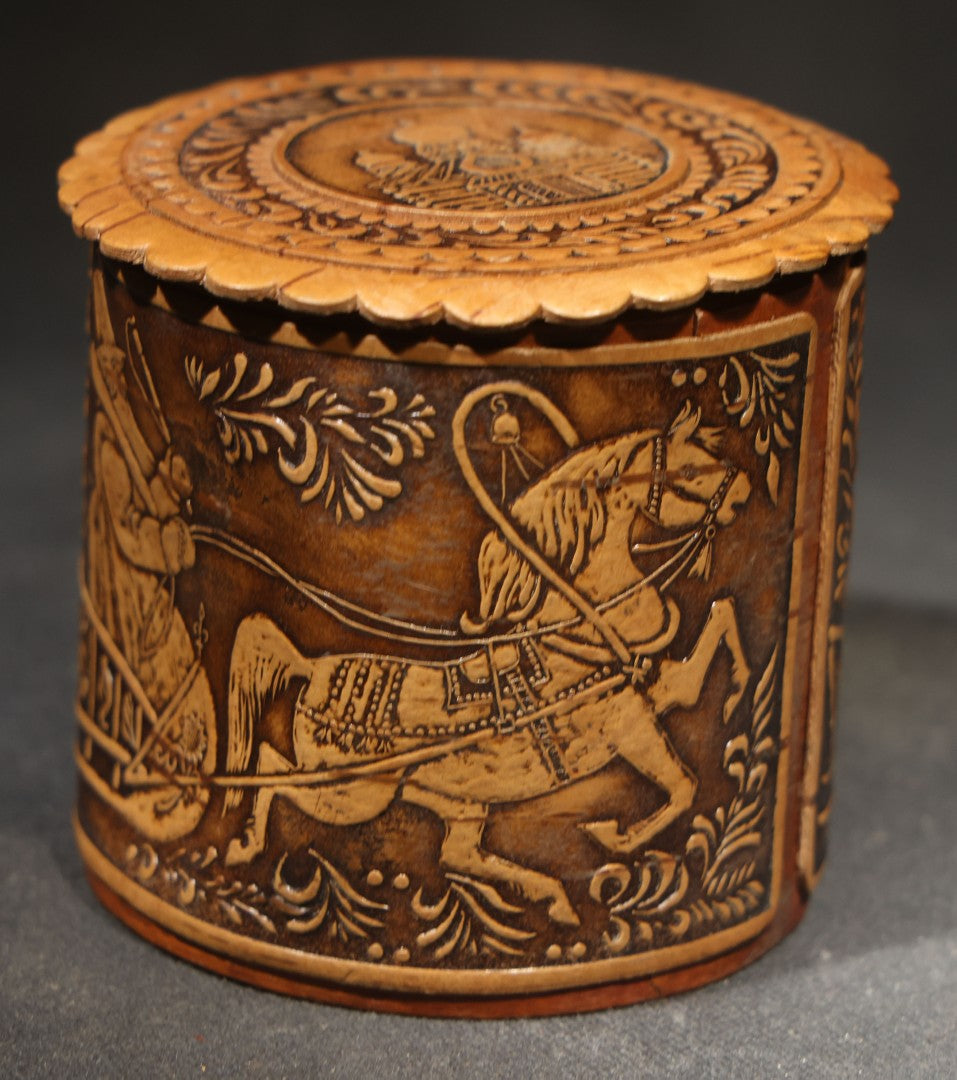 Vintage Russian Birch Bark Box with Carved Troika Sleigh Scene, Foliate Borders, and Orthodox Church Dome Medallions