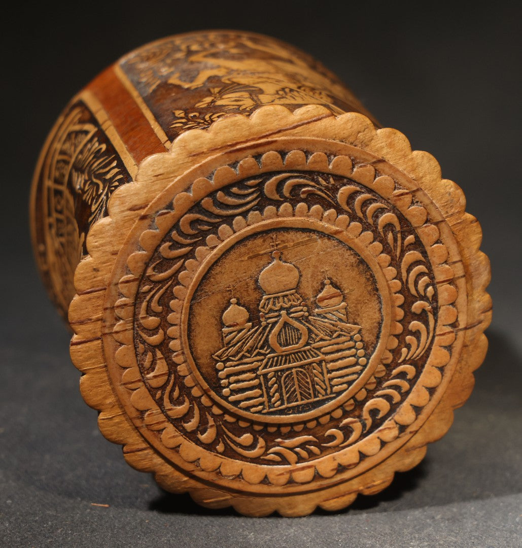 Vintage Russian Birch Bark Box with Carved Troika Sleigh Scene, Foliate Borders, and Orthodox Church Dome Medallions