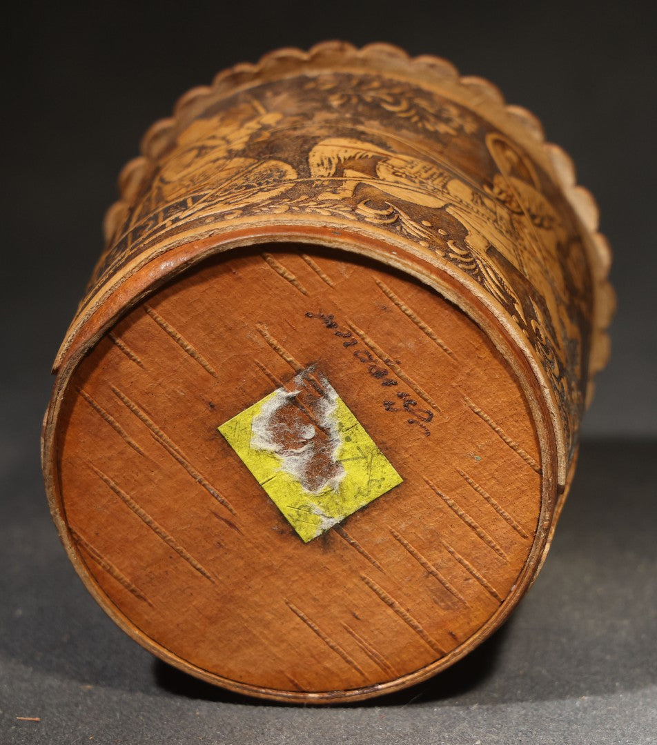 Vintage Russian Birch Bark Box with Carved Troika Sleigh Scene, Foliate Borders, and Orthodox Church Dome Medallions