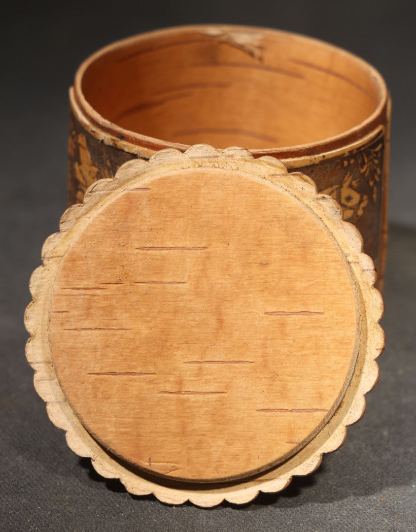 Vintage Russian Birch Bark Box with Carved Troika Sleigh Scene, Foliate Borders, and Orthodox Church Dome Medallions