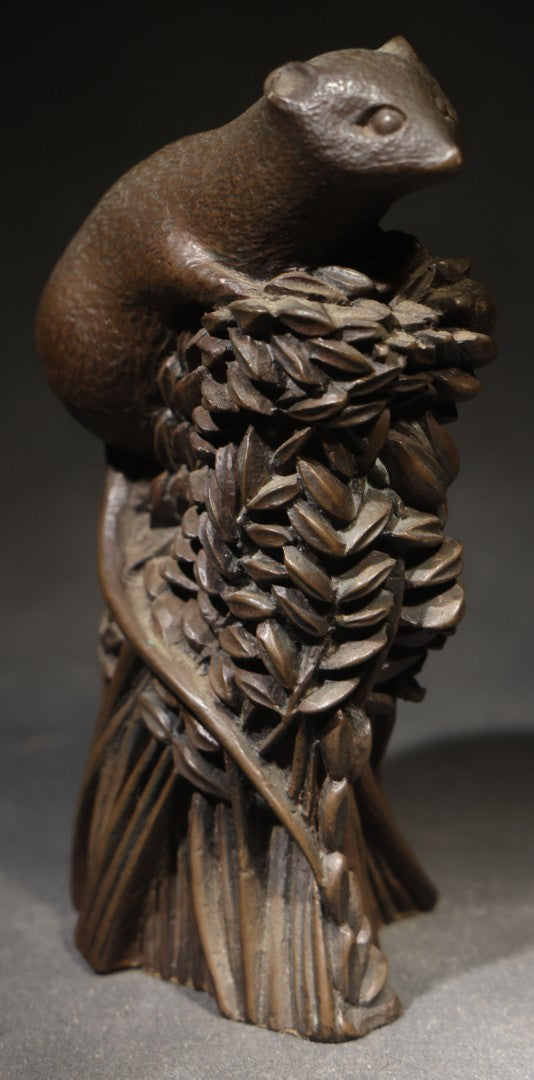 Vintage Cast Resin Field Mouse Figure on a Sheaf of Grain with Leaves, by Richard Fisher