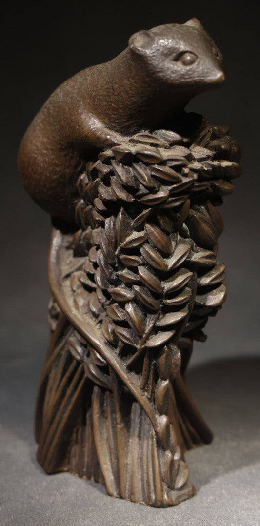 Vintage Cast Resin Field Mouse Figure on a Sheaf of Grain with Leaves, by Richard Fisher