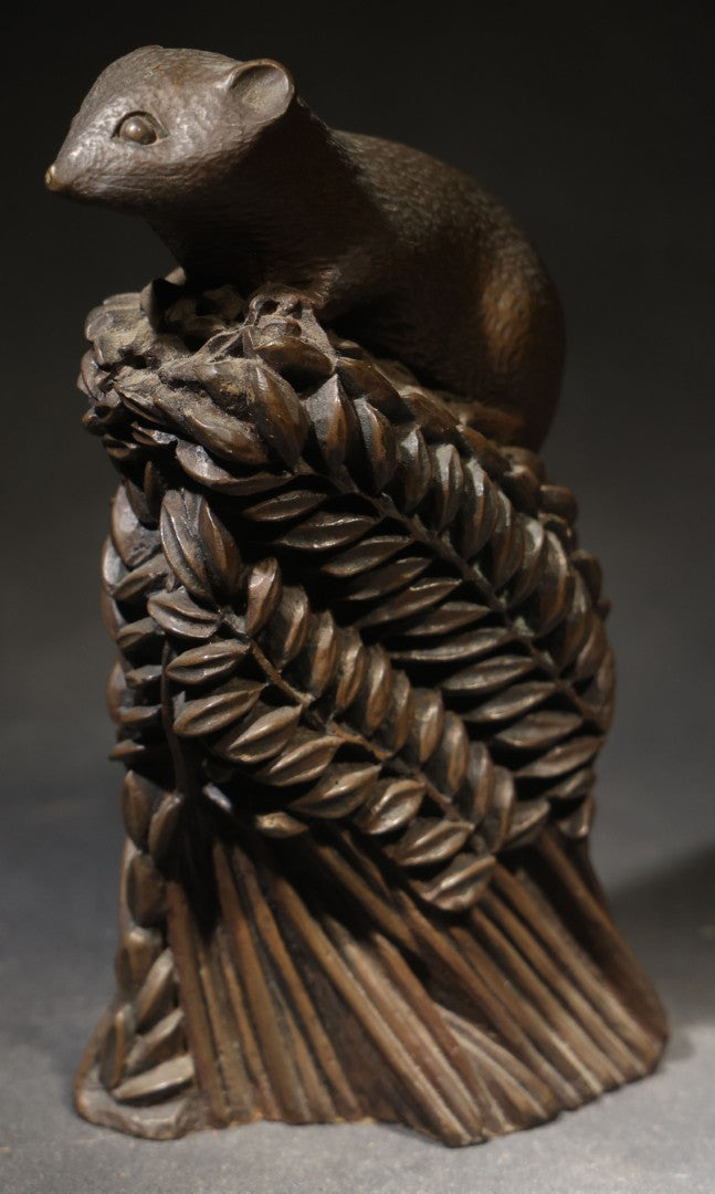 Vintage Cast Resin Field Mouse Figure on a Sheaf of Grain with Leaves, by Richard Fisher