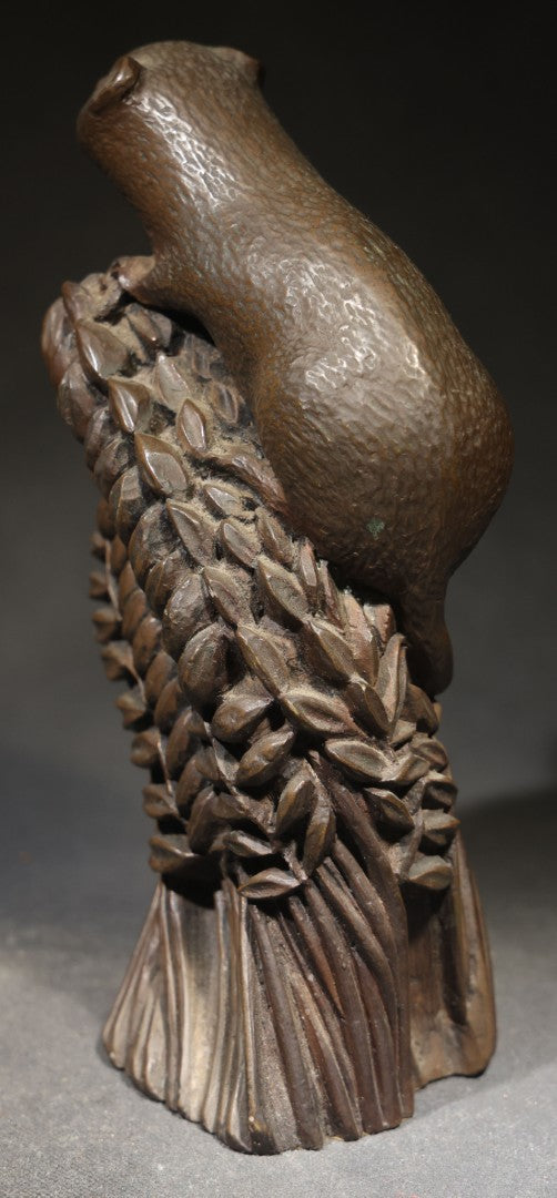 Vintage Cast Resin Field Mouse Figure on a Sheaf of Grain with Leaves, by Richard Fisher