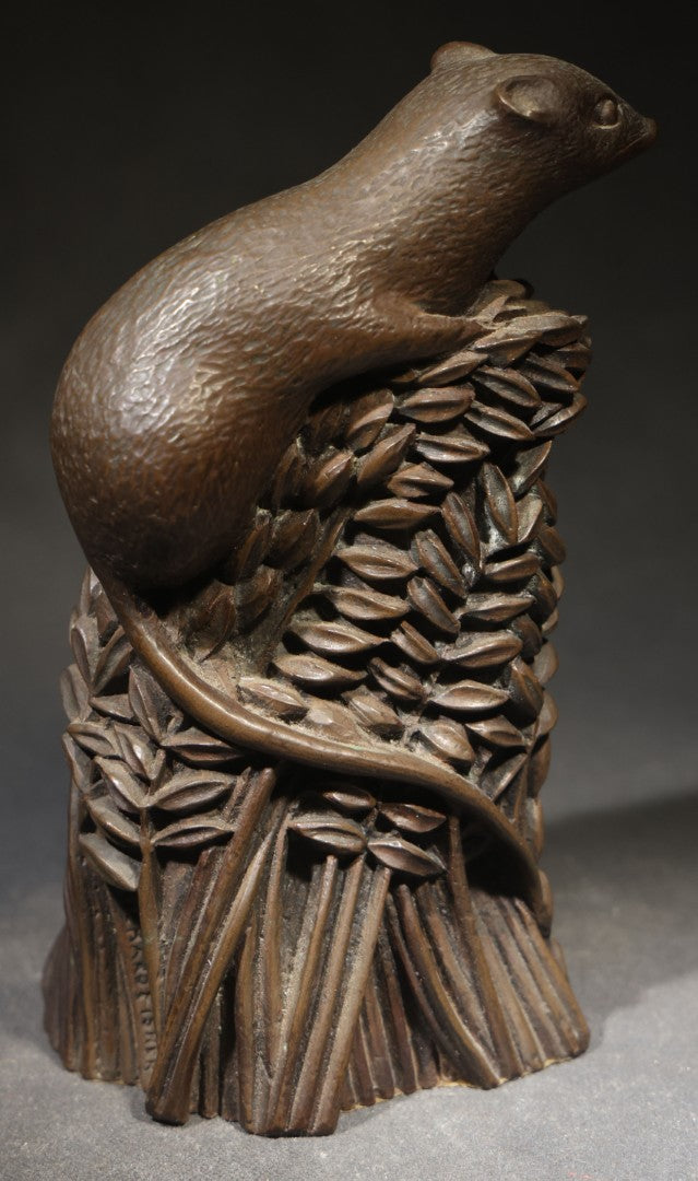 Vintage Cast Resin Field Mouse Figure on a Sheaf of Grain with Leaves, by Richard Fisher