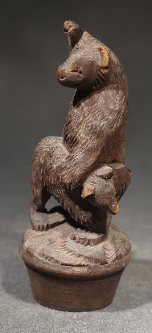 Vintage Carved Wood Bear Figurine, Mother Bear Spanking Cub, Bottle Stopper or Topper